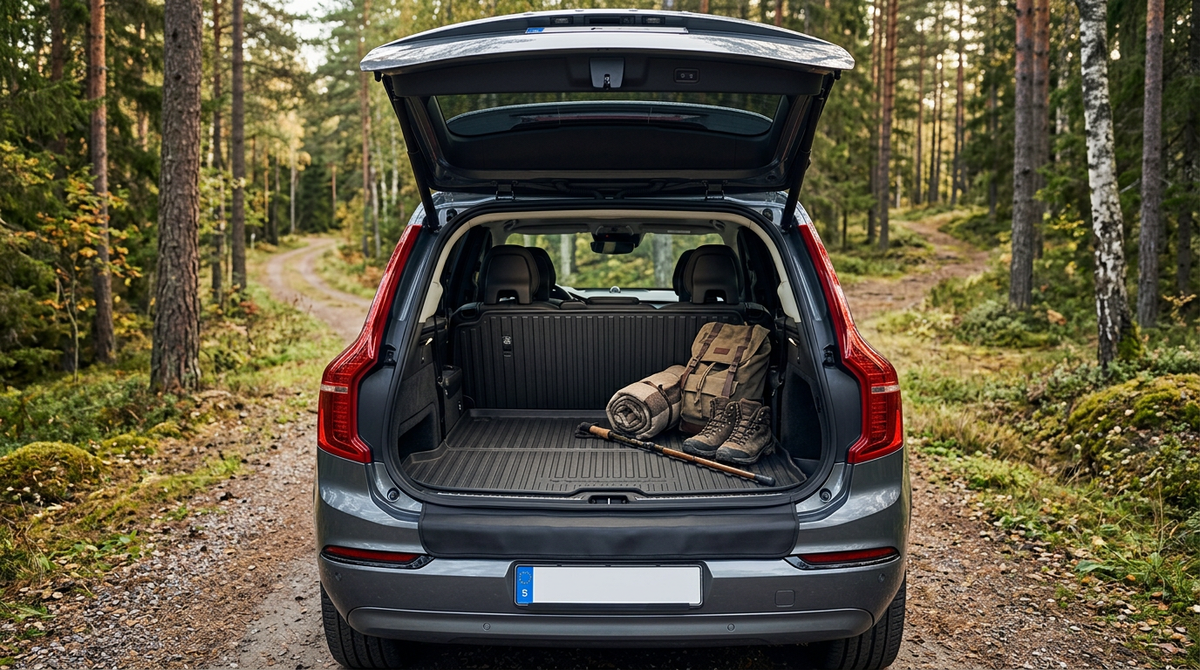 Bagageskydd och skyddsmatta i bagageutrymmet på en modern SUV i svensk skogsmiljö
