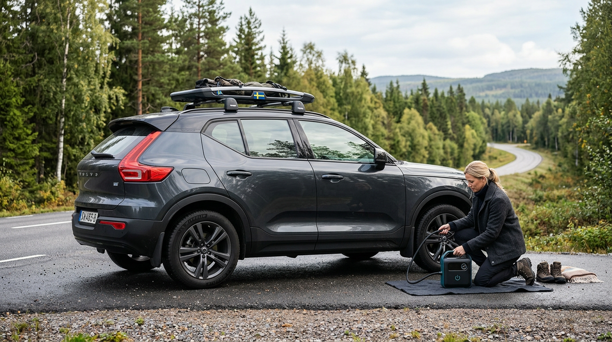Batteridriven pump används vid en modern SUV på svensk landsväg