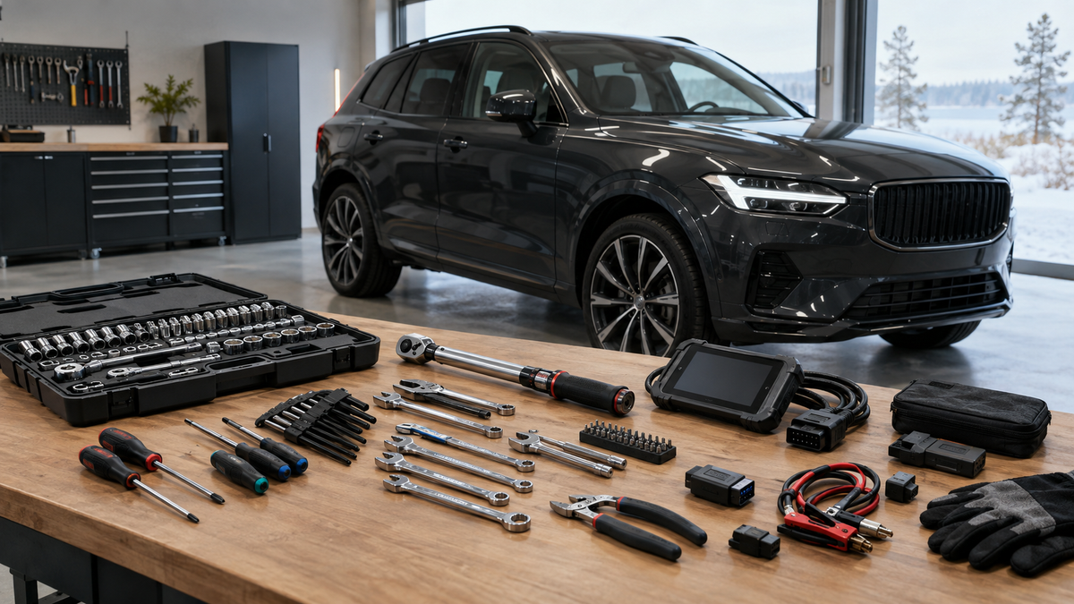 Bilverktyg och diagnostikutrustning arrangerade framför en modern SUV i ett svenskt garage