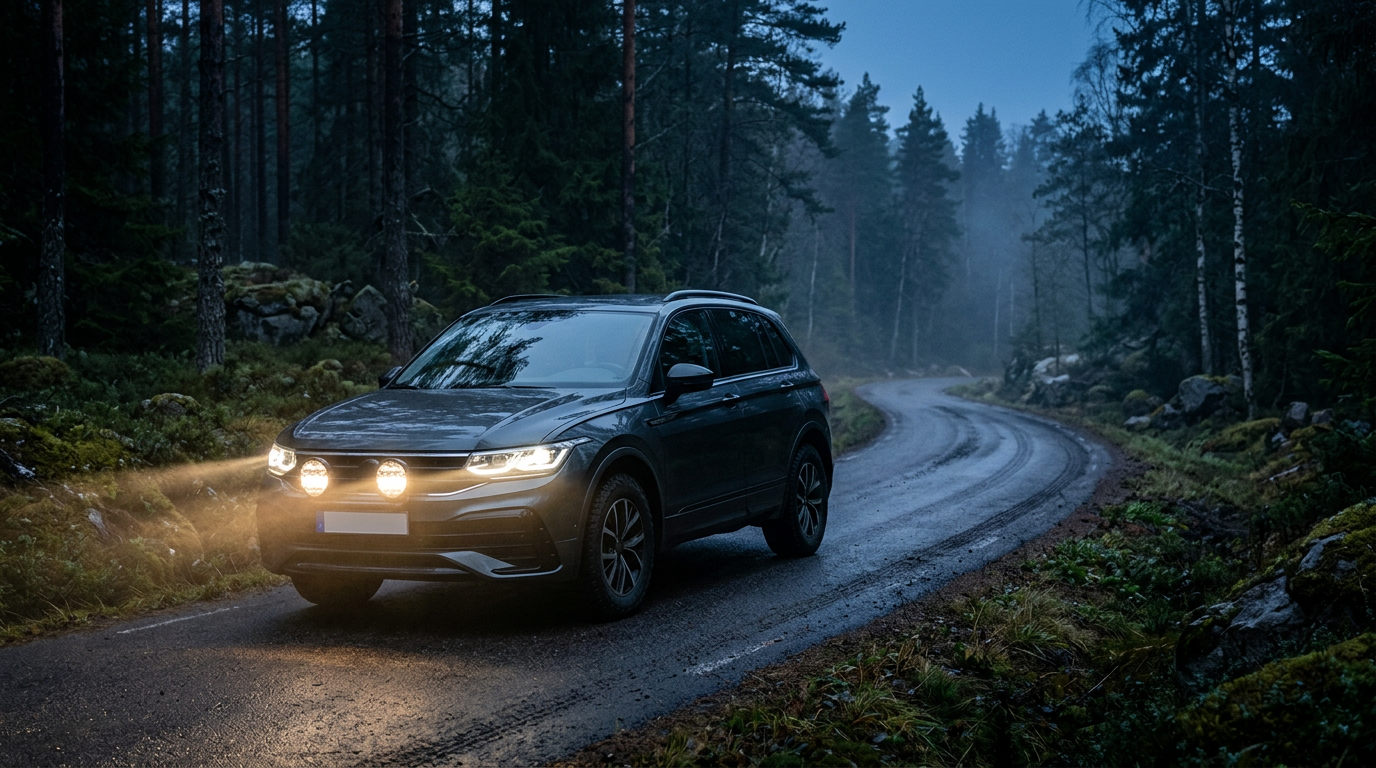 Extraljus på en modern SUV på svensk skogsväg i skymning