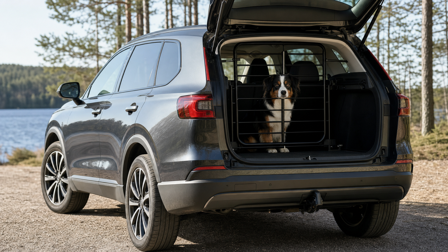 Hundgrind i bagageutrymmet på en SUV med hund bakom gallret