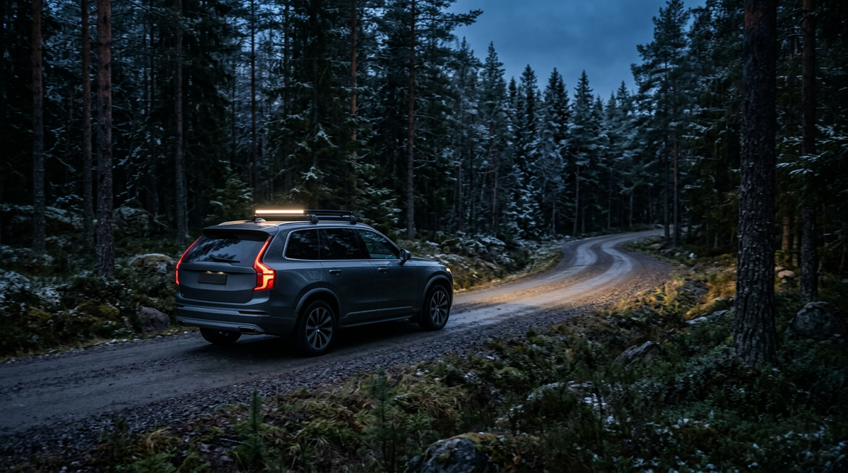 SUV med LED-ramp på skogsväg i nordiskt kvällsljus