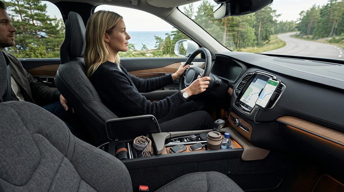 Biltillbehör och smart organisering i en modern SUV-interiör på svensk väg