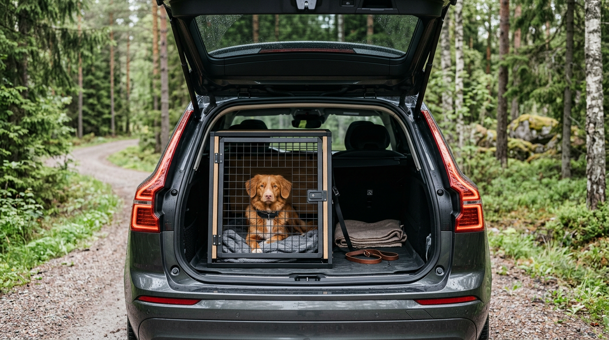 Hundbur i bagageutrymmet på en Volvo XC60 i svensk skog