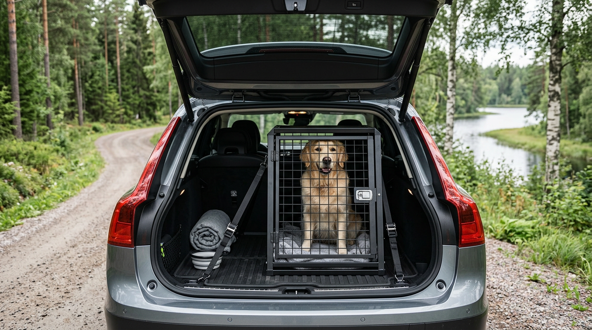 Krocksäker hundbur säkert monterad i bagageutrymmet på en modern SUV