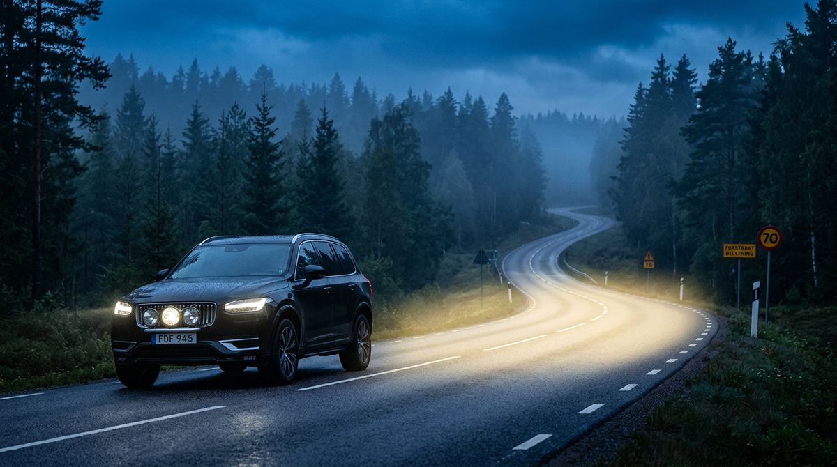 LED-extraljus på en modern SUV på svensk skogsväg i skymning