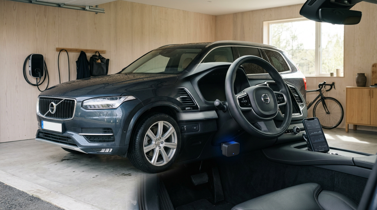 OBD2 Bluetooth-diagnostik i en modern SUV med mobilapp i svensk garage