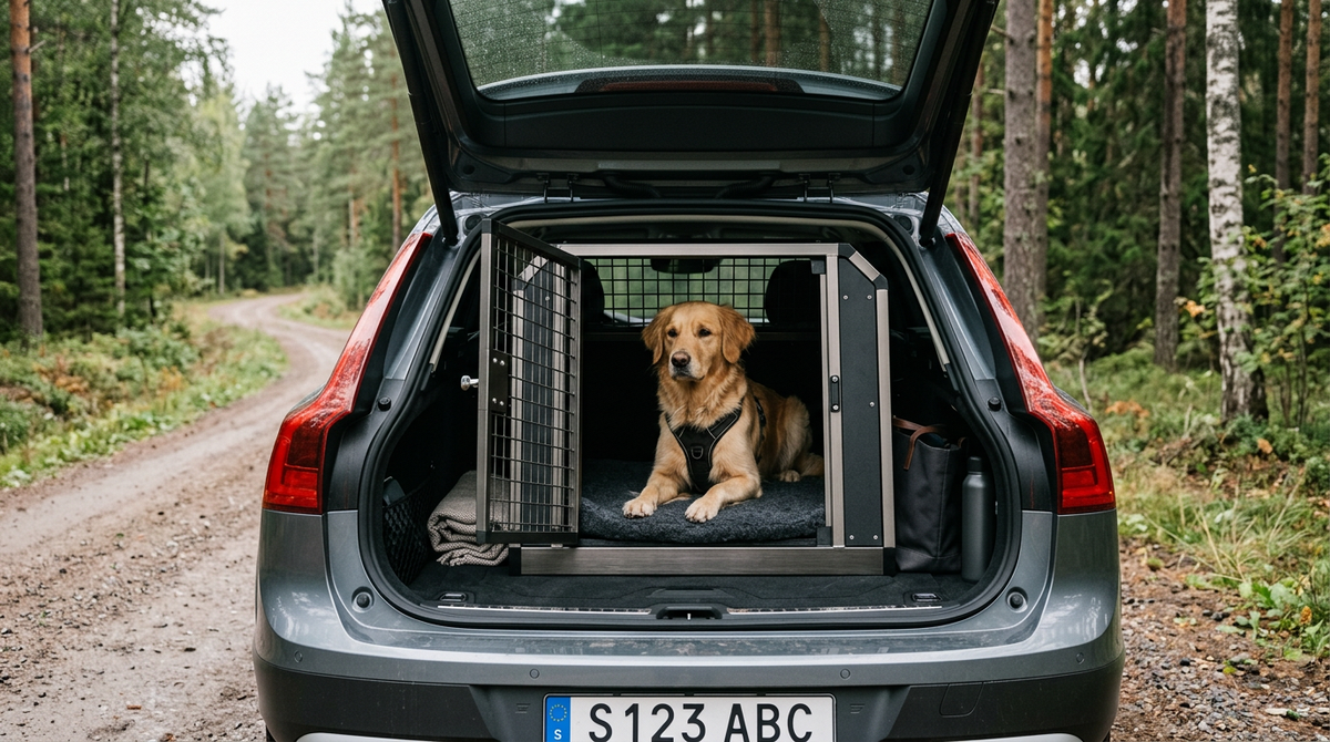 Hundbur monterad i bagageutrymmet på en Volvo V90 med hund på svensk skogsväg