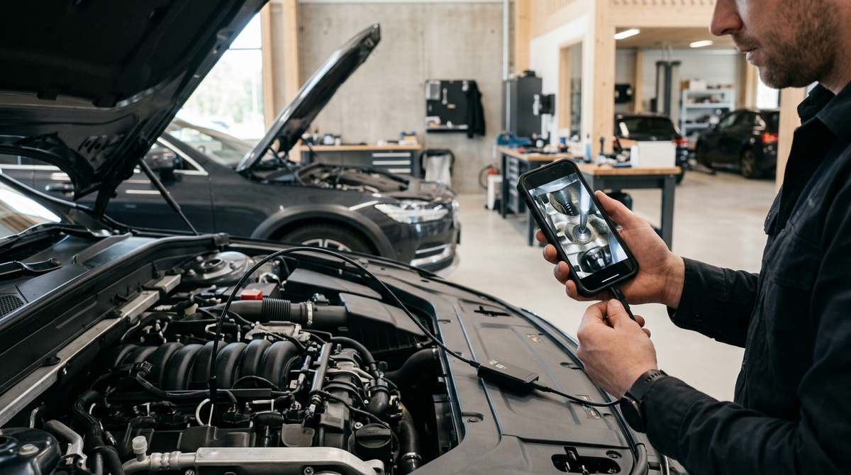 Inspektionskamera till iPhone används för noggrann kontroll i bilens motorrum