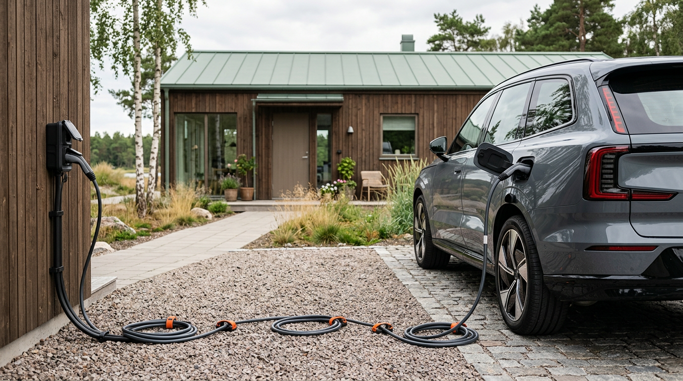 Laddkabel för elbil 220V vid en modern elbil i svensk hemmamiljö