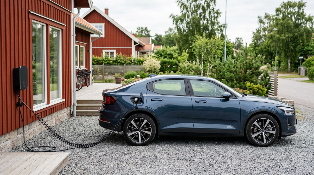 Laddkabel Mode 3 ansluten till en elbil vid ett svenskt hem