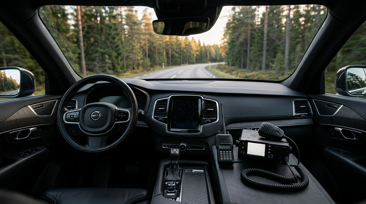 Walkie talkie och kommunikationsradio i en modern SUV på svensk skogsväg