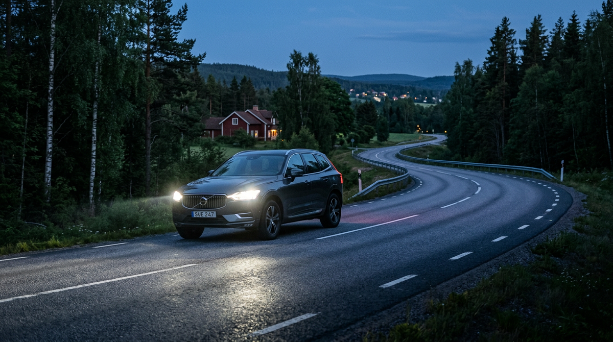 Xenonbelysning på en modern SUV på svensk landsväg i skymning