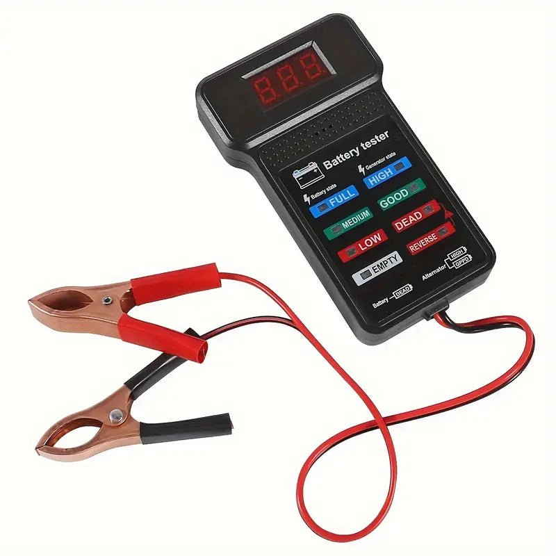 produktbild framifrån visande 12V batteritestare med LED-display – Carlevel