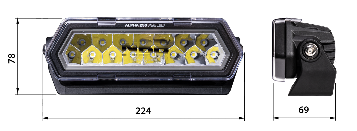 NBB Alpha 230 Pro LED extraljusramp – måttspecifikation | NBB