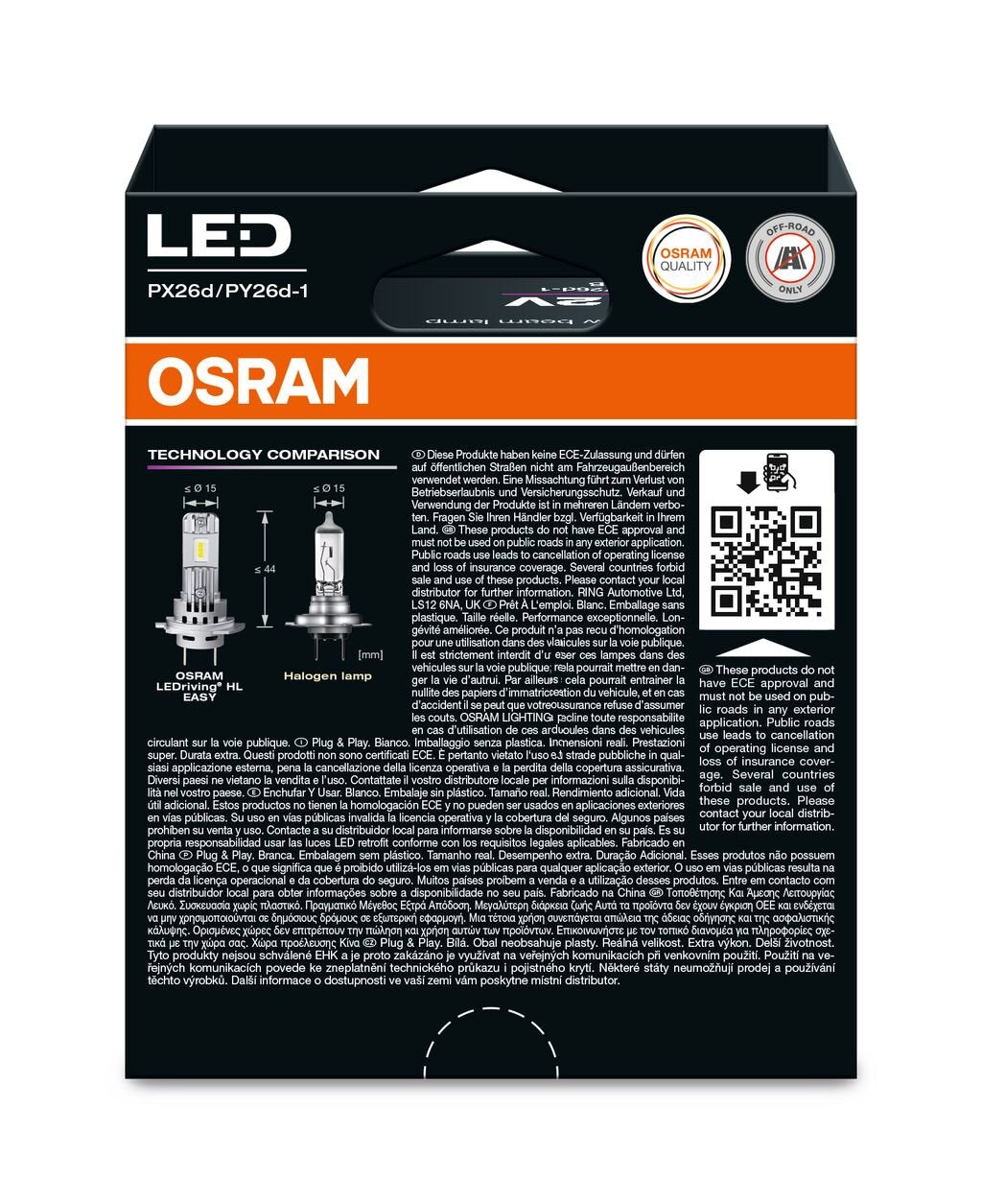 förpackning och medföljande tillbehör till LEDriving HL EASY H7/H18 – OSRAM