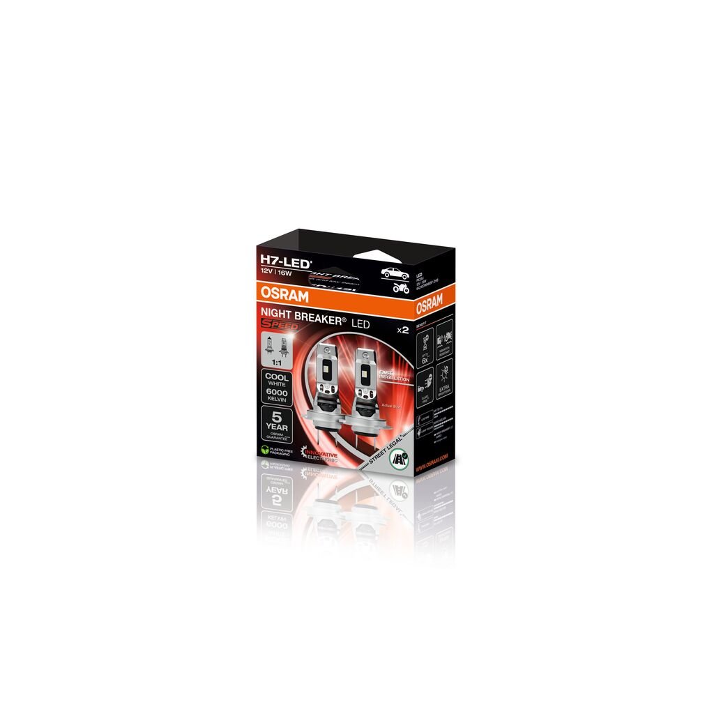 förpackning och medföljande tillbehör till NIGHT BREAKER LED SPEED H7 – Street Legal – OSRAM