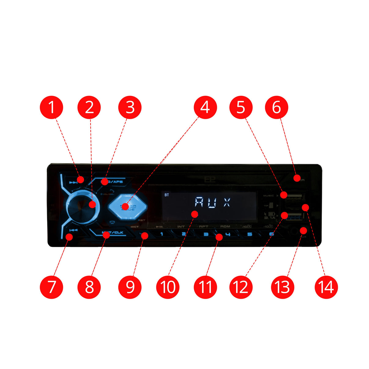 1-DIN-bilstereo – Svart – 9V - 16V – 188 mm – 57 × 112 mm