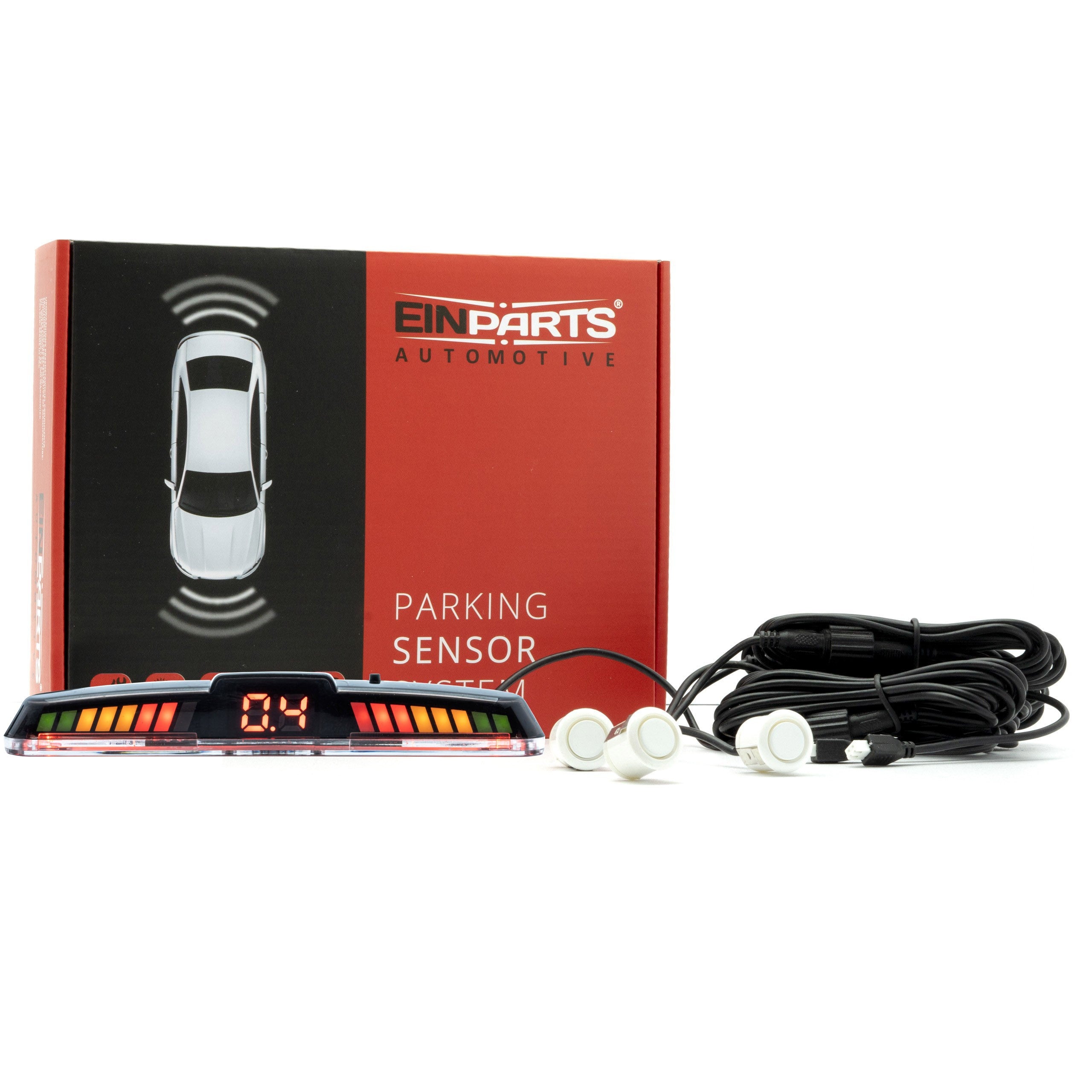 Parkeringssensor med display – Vit – ultraljudssensor – 4 sensorer – 4x 2,5 m
