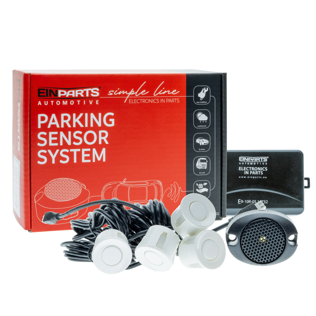 Parkeringssensor med summer – Vit – ultraljudssensor – 4x 2,5 m