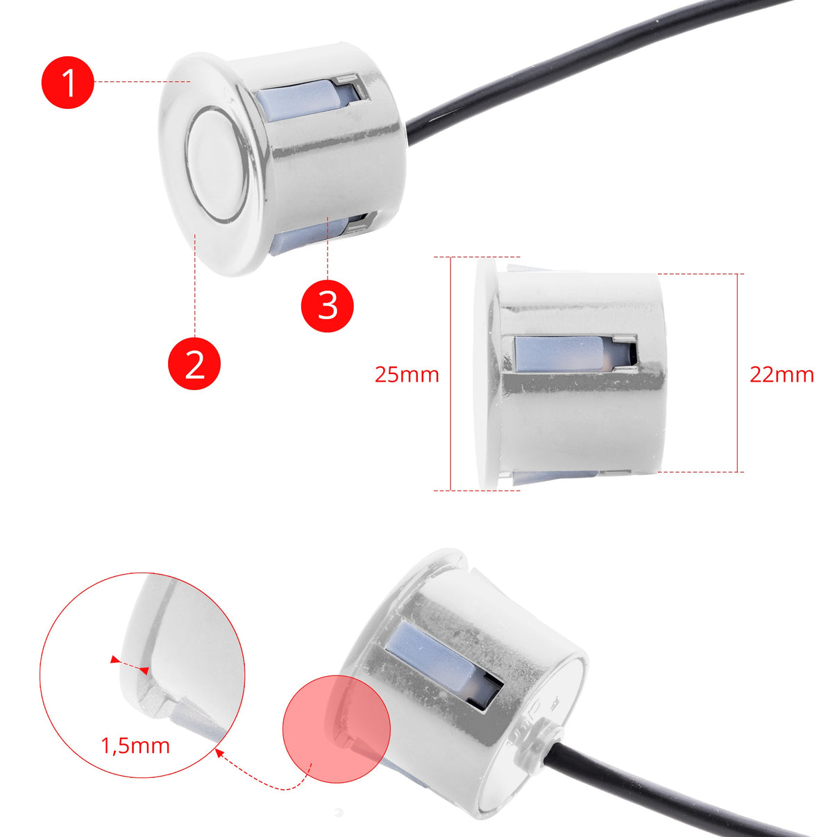 Parkeringssensor – Silver – ultraljudssensor – 8 sensorer – 4x 2,5 m/ 4x 6 m