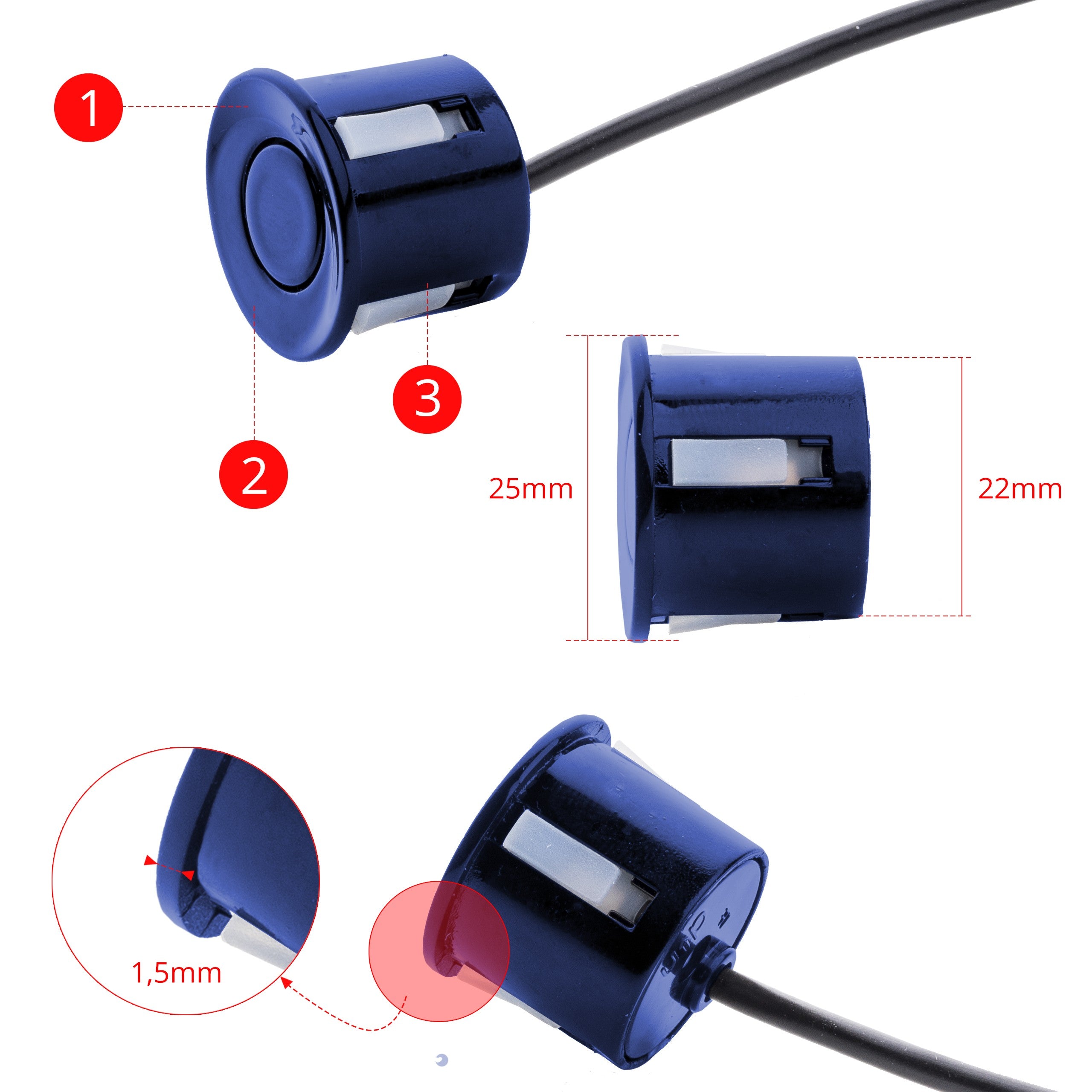 Parkeringssensor med display – Blå – ultraljudssensor – 4 sensorer – 4x 2,5 m