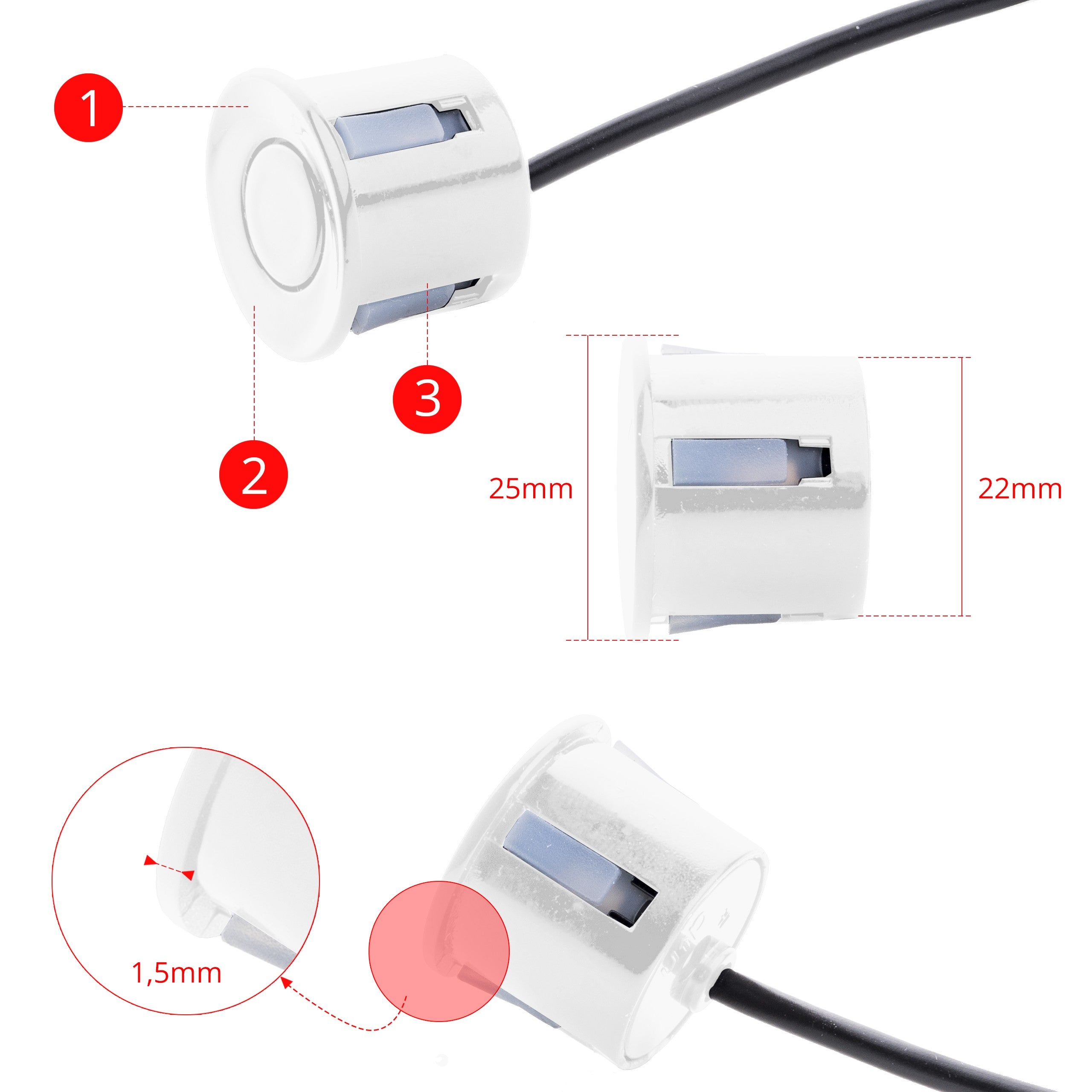 Parkeringssensor med display – Vit – ultraljudssensor – 4 sensorer – 4x 2,5 m