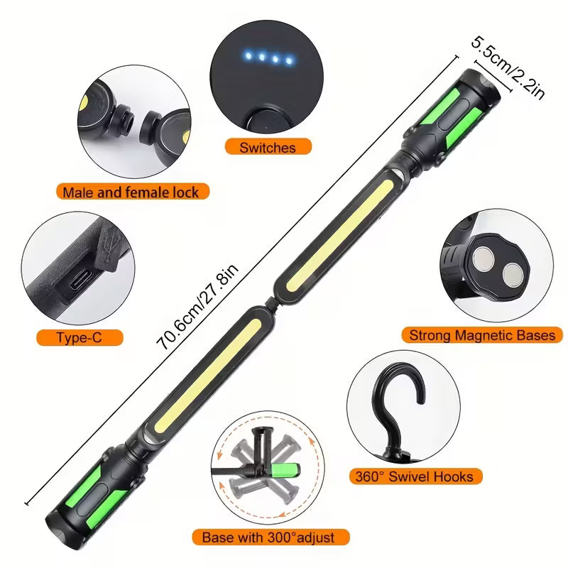 sidovy som visar profil och design av Arbetsljus LED 2400 lm – Uppladdningsbar, magnetisk, USB-C, 3 lägen – Carlevel