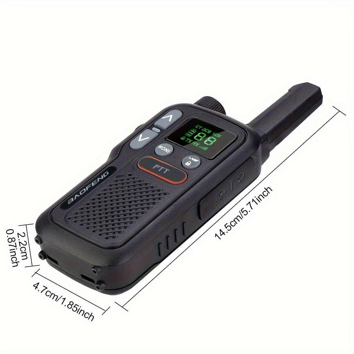 Baofeng T18 walkie talkie – tvåvägsradio USB-laddning – produktvy från sidan | Carlevel