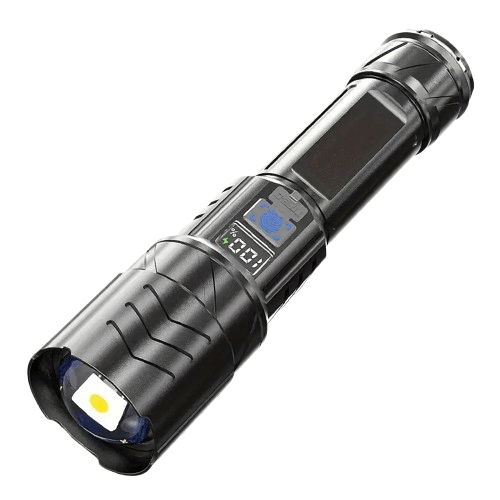 LED ficklampa USB-C uppladdningsbar – Digital display snabbladdning – produktbild framifrån | Carlevel
