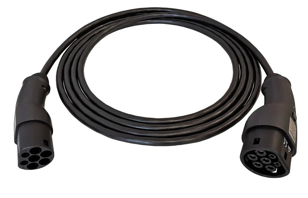 Laddkabel Typ 2 till Typ 2 11/22 kW 400 V 16/32A 3-fas med Teslaknapp Evconnect – närbild detaljer | Evconnect