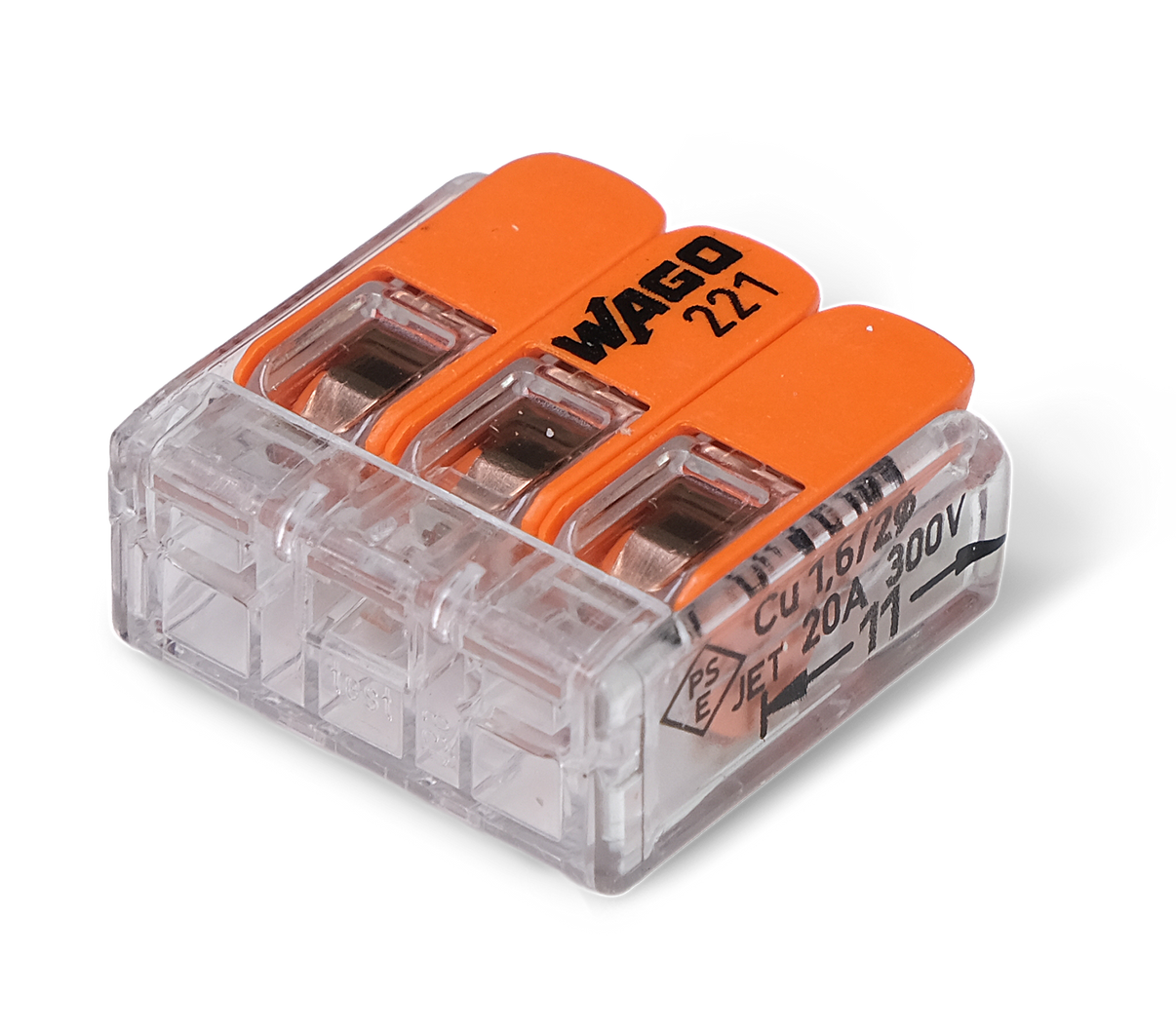 Wago 221 – 413 Splicing connector with levers – 3 – conductor 20 – P – närbild detaljer | Wago