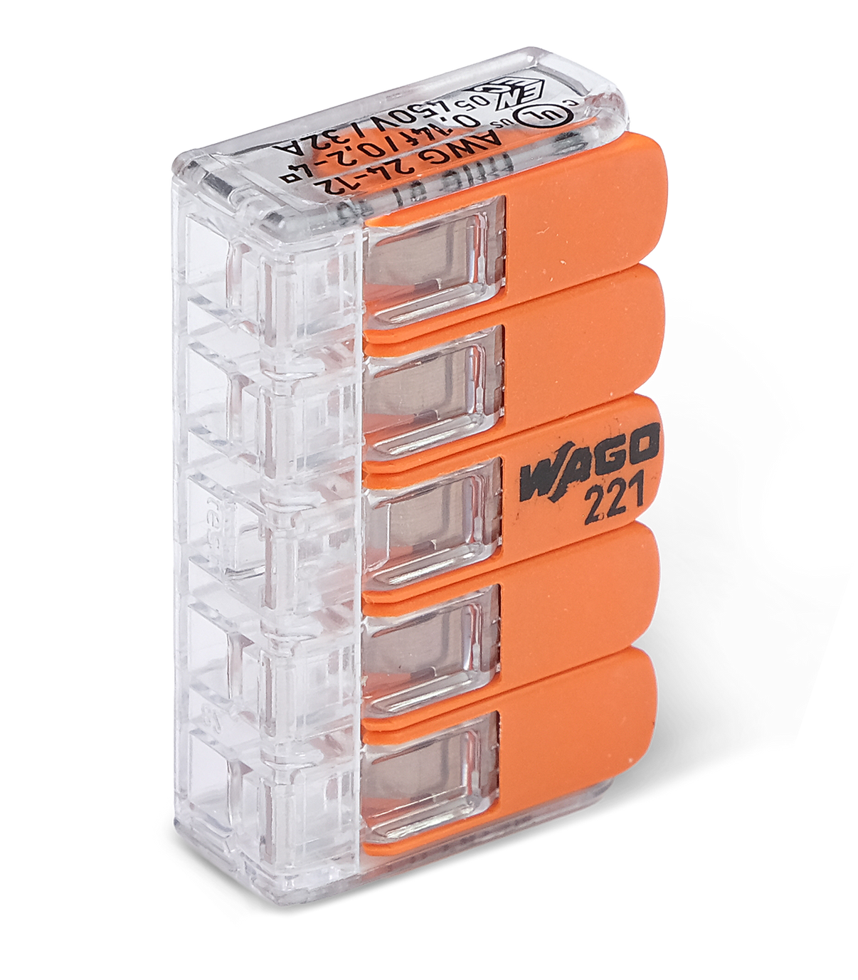 Wago 221 – 415 Splicing connector with levers – 5 – conductor 20 – P – förpackning och innehåll | Wago