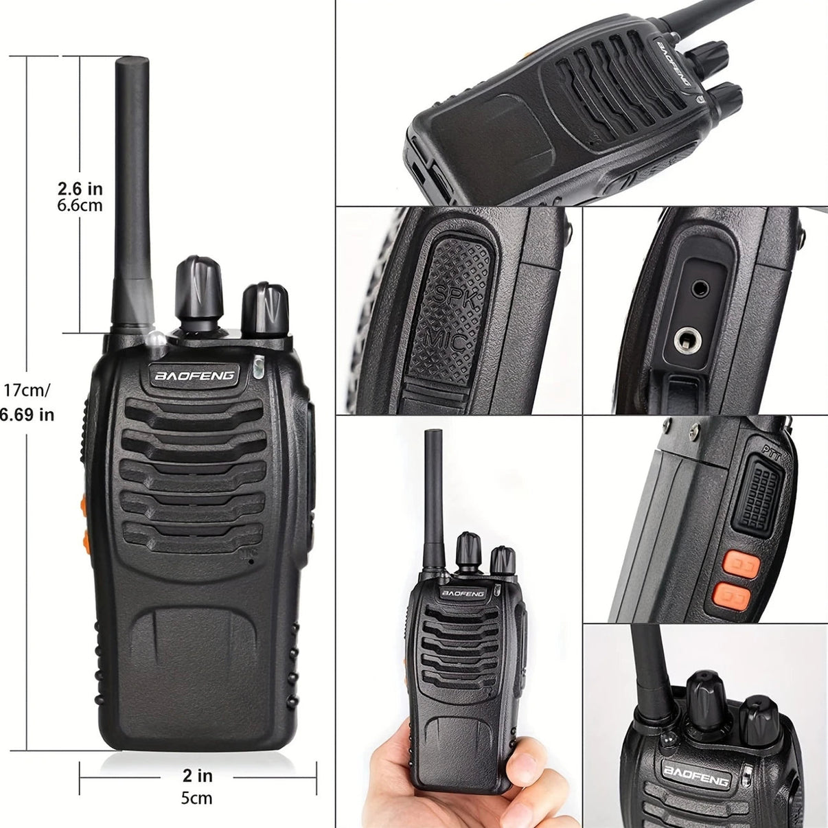 Walkie Talkie 2-pack – tvåvägsradio med LED-lampa och USB-laddning – närbild detaljer | Carlevel