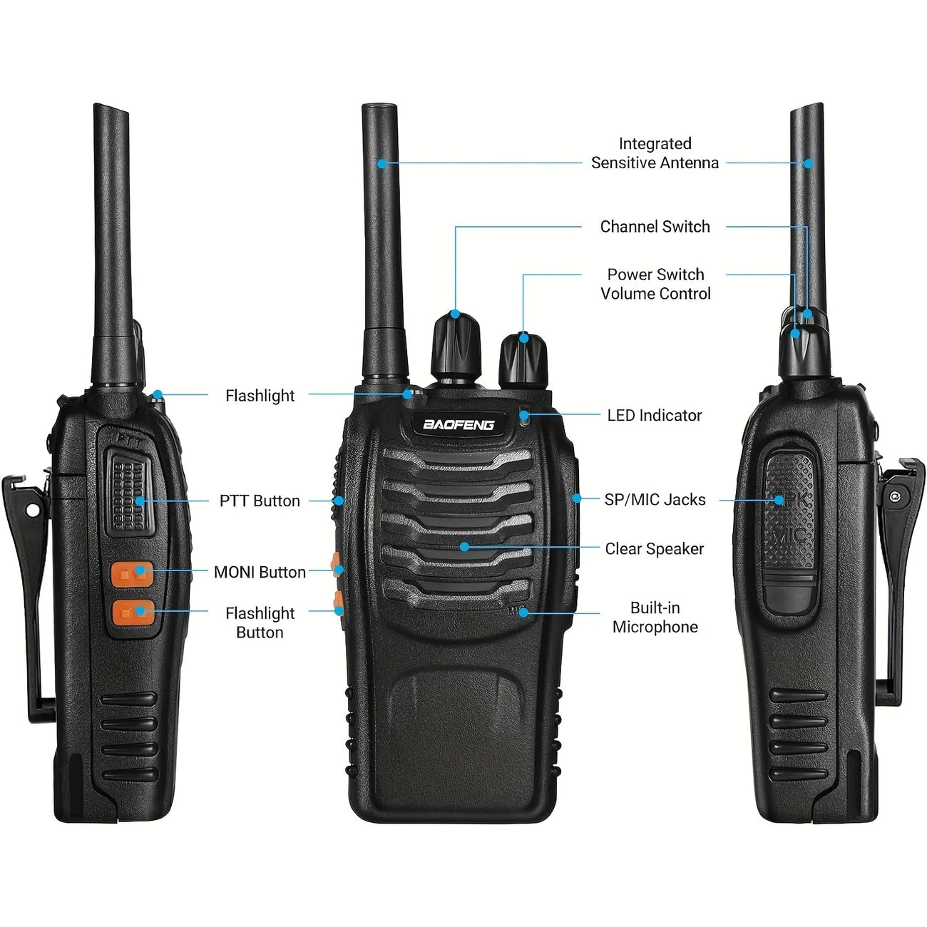 Walkie Talkie 2-pack – tvåvägsradio med LED-lampa och USB-laddning – produktvy från sidan | Carlevel