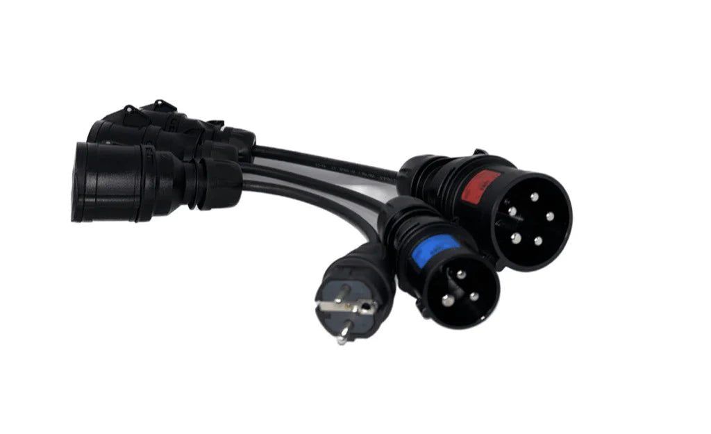 Adapterset Mode 2 CEE 16A 3-fas till Schuko/CEE 32A – Evconnect – produktbild framifrån | Evconnect