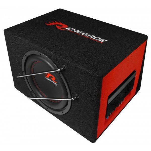 närbild på detaljer och material av Aktiv baslåda 10" 200W RMS Renegade RXV1000A – 400W max 30–250 Hz – Renegade