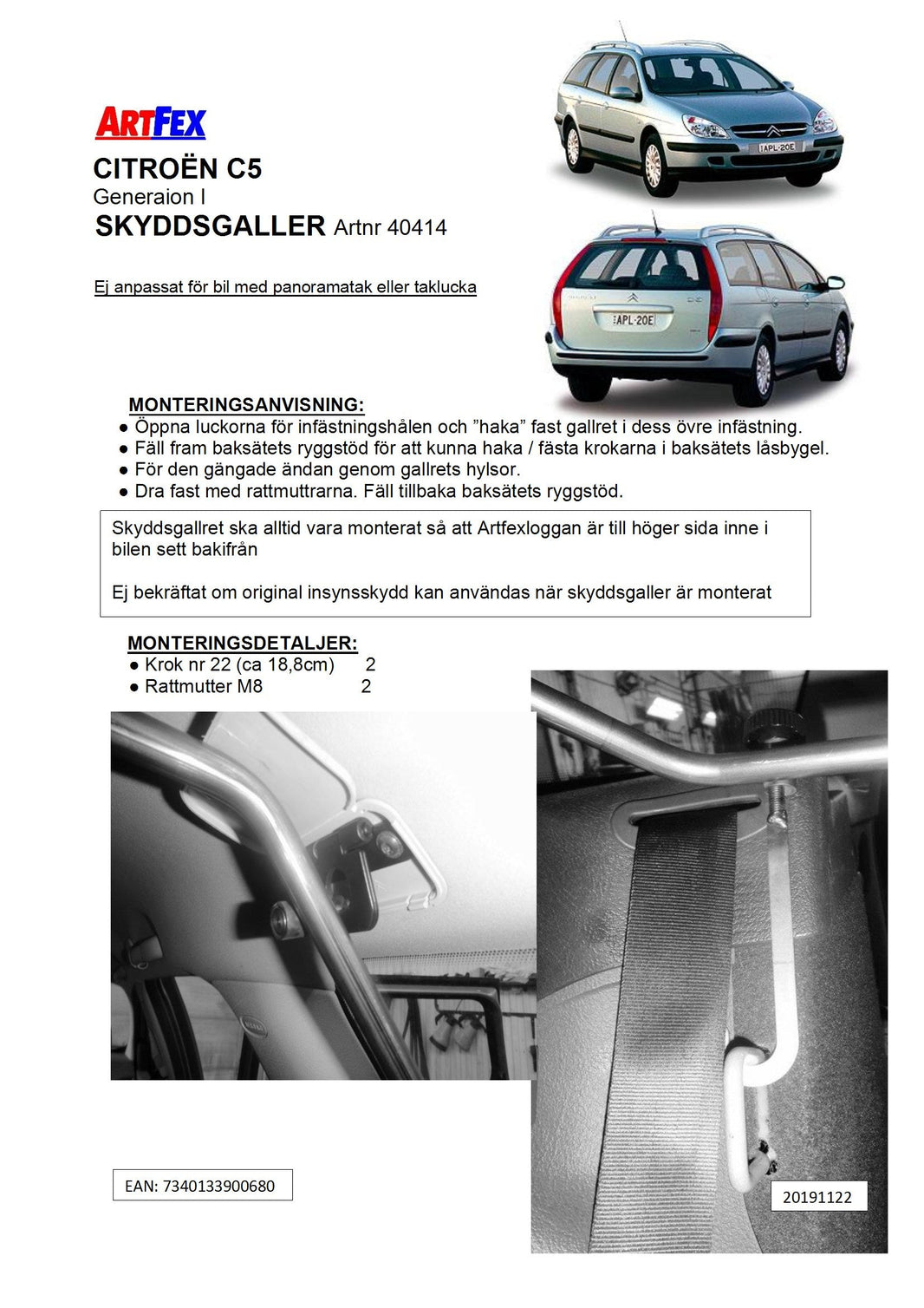 Artfex hundgaller Citroën C5 Generation I, artikel 40414
