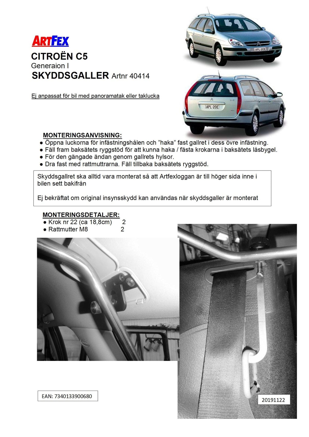 Artfex hundgaller Citroën C5 Generation I, artikel 40414
