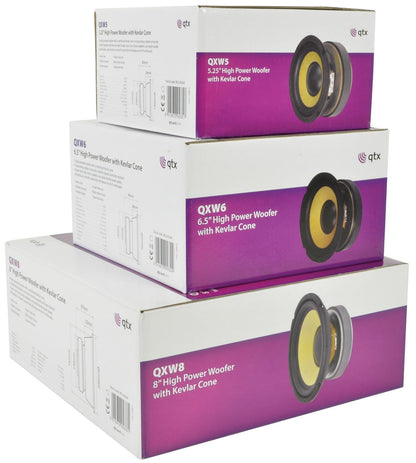 Baselement 8 tum 250W QTX – Kevlarkon ventilerad magnet bilhifi HiFi – närbild detaljer | QTX