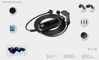 Laddkabel Mode 2 Typ 1 6–16A LCD – 230V Schuko - Carlevel AB - Fordon och delar > Fordonstillbehör