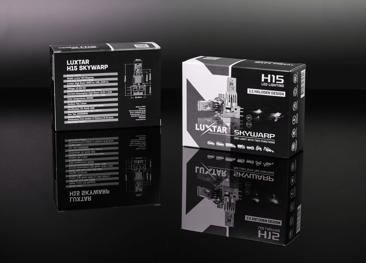 LED-lampa H15 Skywarp – 4500 lm (High Beam) / 2100 lm (DRL) – 45W (High Beam) / 20W (DRL) – LUXTAR – förpackning och innehåll
