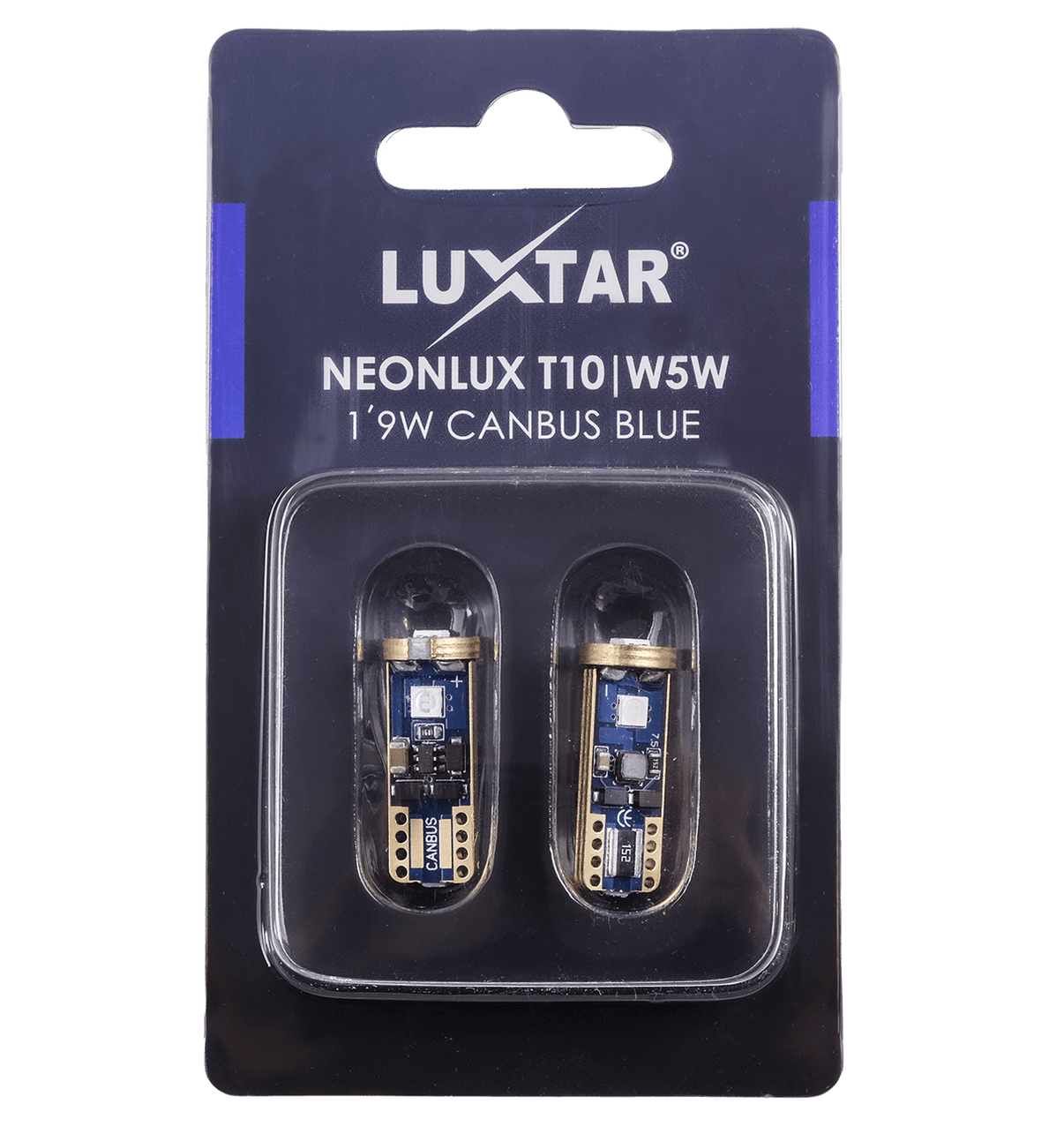 NeonLux – T10 W5W – Canbus – Blå – 130 lm – 1,9W – LUXTAR – förpackning och innehåll | LUXTAR