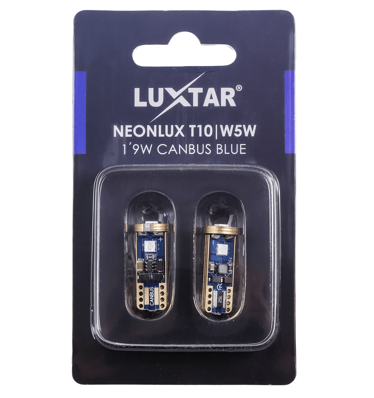 NeonLux – T10 W5W – Canbus – Blå – 130 lm – 1,9W – LUXTAR – förpackning och innehåll | LUXTAR