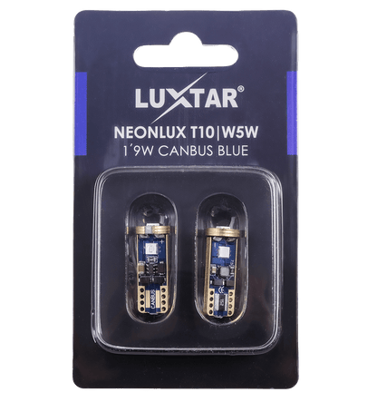 NeonLux – T10 W5W – Canbus – Blå – 130 lm – 1,9W – LUXTAR – förpackning och innehåll | LUXTAR