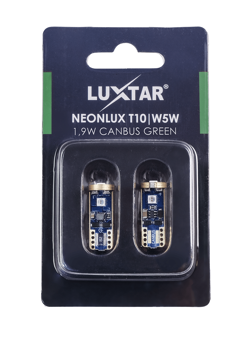 NeonLux – T10 W5W – Canbus – Grön – 130 lm – 1,9W – LUXTAR – förpackning och innehåll | LUXTAR