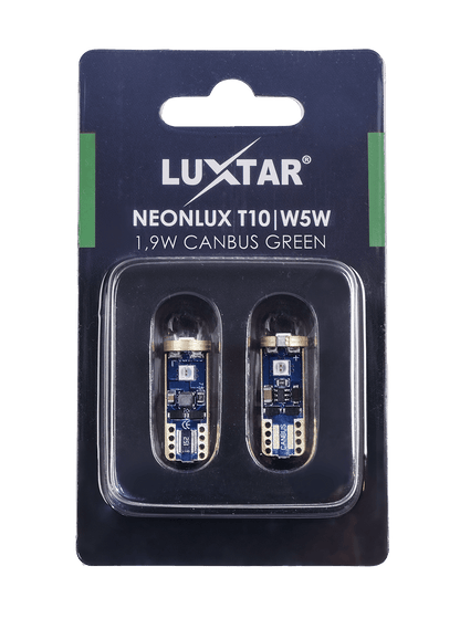 NeonLux – T10 W5W – Canbus – Grön – 130 lm – 1,9W – LUXTAR – förpackning och innehåll | LUXTAR