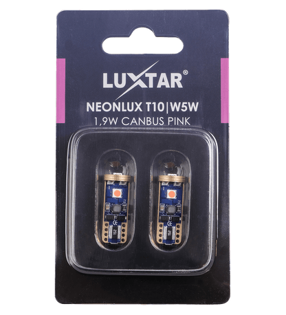 NeonLux – T10 W5W – Canbus – Pink – 130 lm – 1,9W – LUXTAR – förpackning och innehåll | LUXTAR