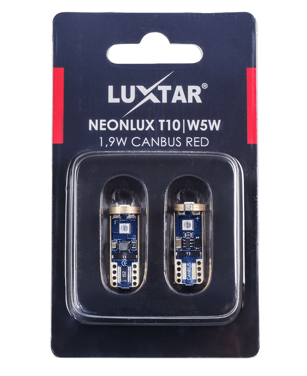 NeonLux – T10 W5W – Canbus – Red – 130 lm – 1,9W – LUXTAR – förpackning och innehåll | LUXTAR