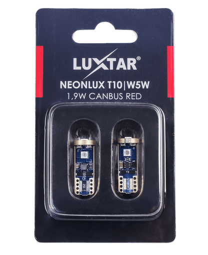 NeonLux – T10 W5W – Canbus – Red – 130 lm – 1,9W – LUXTAR – förpackning och innehåll | LUXTAR